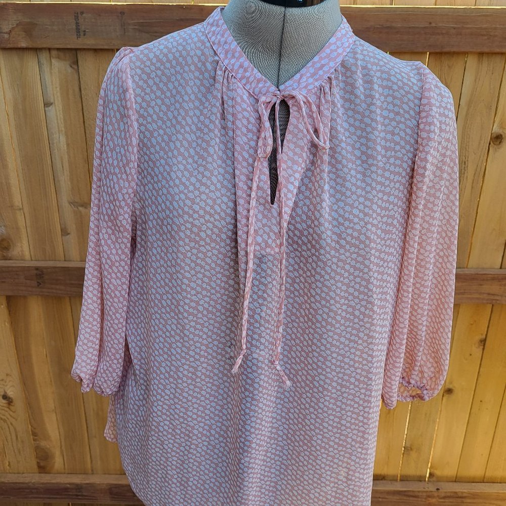 Pleione 3/4 sleeve sheer soft pink and cream blouse SMALL